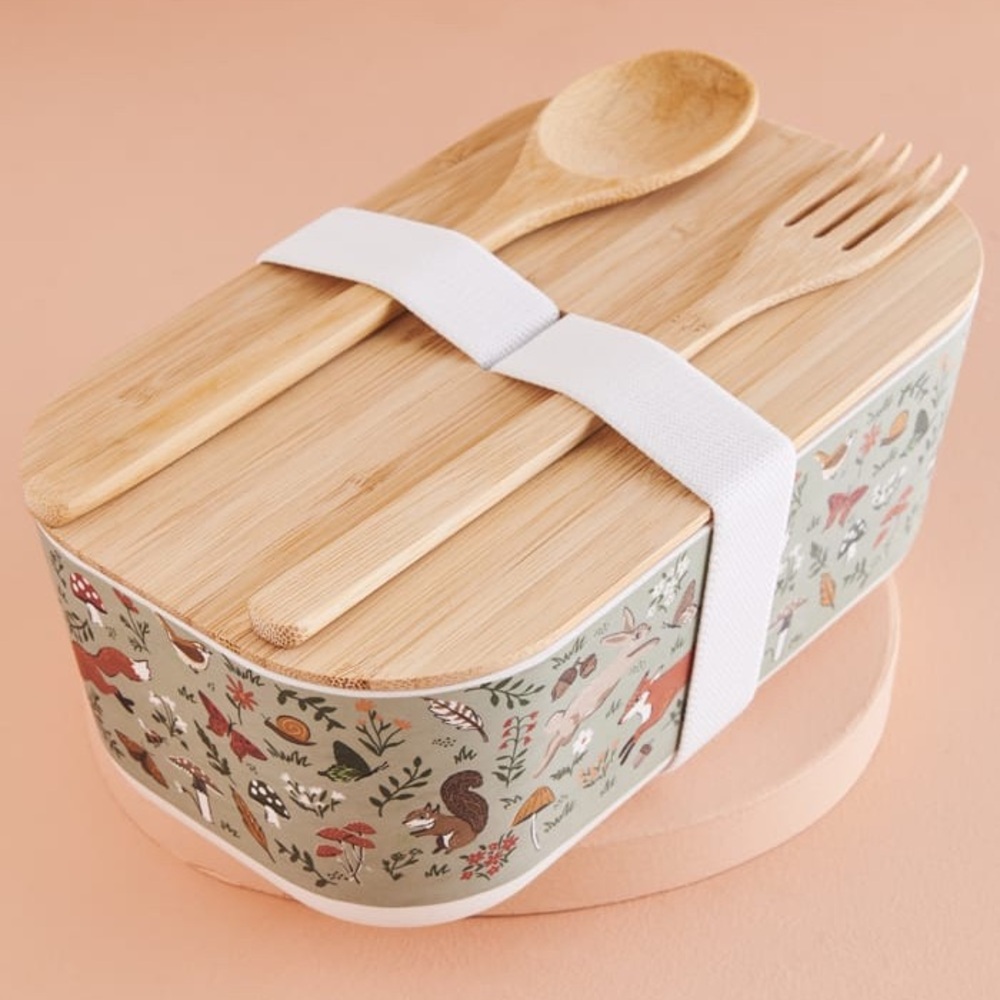 Earthbound EBX Woodland Creatures Bamboo Bento Box w/ Utensils Set, NWT 🍱 🦊 🍄